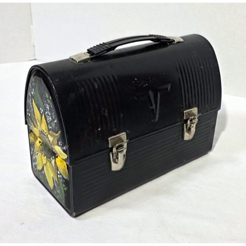 Thermos 1955 Black Metal Floral Chest Box Mid-Century, Latch Lid Handle